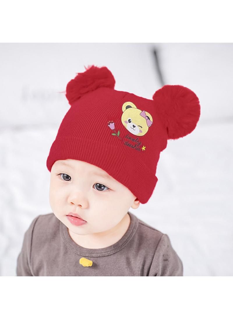 Red Solid Color Knitted Baby Hat Autumn Winter Pompom Newborn Beanie Cap Cute Cartoon Bear Infant Boy Girl Warm Hats