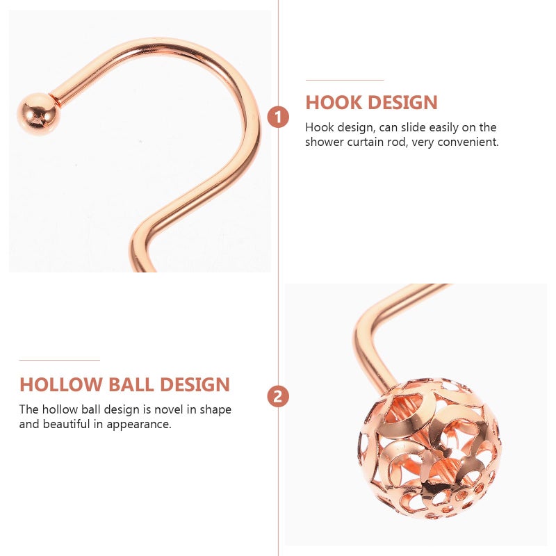 Rose Gold Hollow Ball Shower Curtain Hooks 12 Pack Decorative Metal Bathroom Rod Hangers - Image 5
