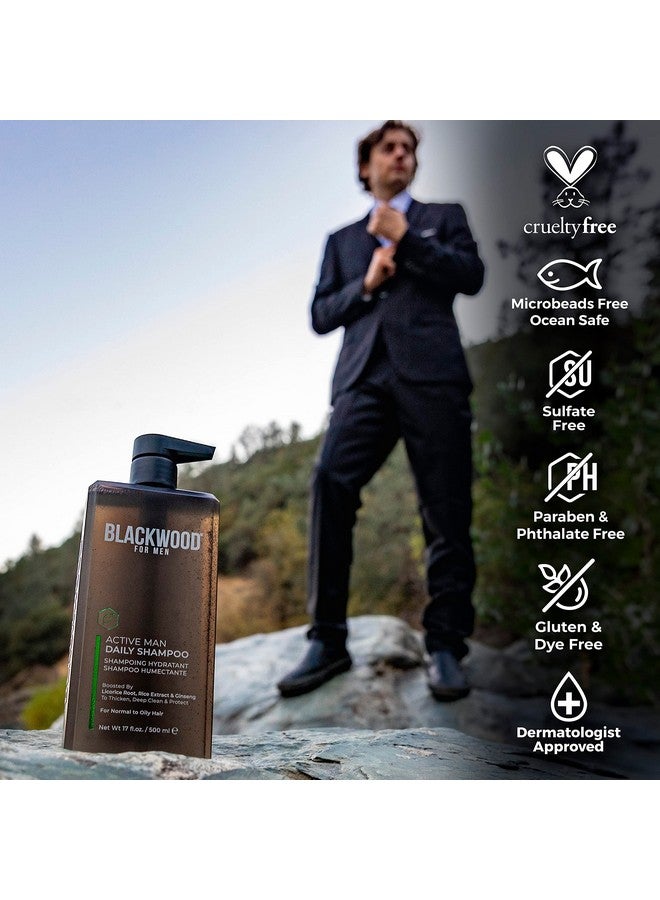 Blackwood For Men شامبو Active Man Daily Shampoo للرجال، شامبو طبيعي ونباتي لتكثيف الشعر وعلاج تساقط الشعر وقشرة الرأس، غني بالجينسنغ والصبار، خالٍ من الكبريتات والبارابين وخالٍ من القسوة (17 أونصة) - Image 4