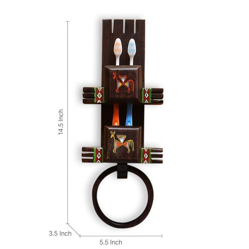 ExclusiveLane ExclusiveLane 'Wall Trinklet' Warli Hand-Painted Toothbrush Holder Wall Mounted Bathroom Towel Ring Stand Cum Towel Holder (Brown)  - Image 5