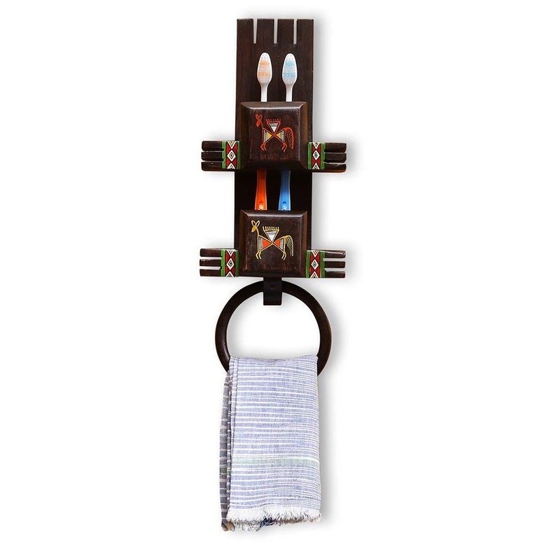 ExclusiveLane ExclusiveLane 'Wall Trinklet' Warli Hand-Painted Toothbrush Holder Wall Mounted Bathroom Towel Ring Stand Cum Towel Holder (Brown)  - Image 3