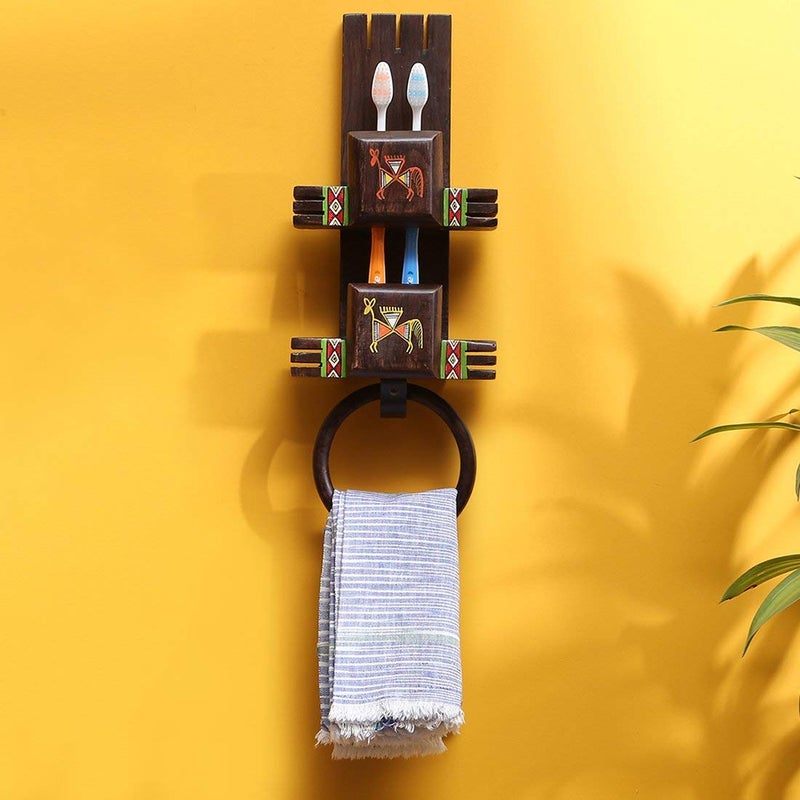 ExclusiveLane ExclusiveLane 'Wall Trinklet' Warli Hand-Painted Toothbrush Holder Wall Mounted Bathroom Towel Ring Stand Cum Towel Holder (Brown)  - Image 1