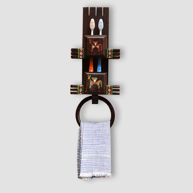 ExclusiveLane ExclusiveLane 'Wall Trinklet' Warli Hand-Painted Toothbrush Holder Wall Mounted Bathroom Towel Ring Stand Cum Towel Holder (Brown)  - Image 2