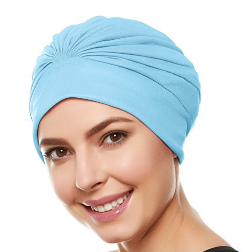 Beemo Swim Caps for Women Swimming Turban Polyester Latex Lined Pleated for Ladies - Light Blue - Image 1
