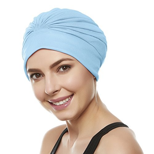 Beemo Swim Caps for Women Swimming Turban Polyester Latex Lined Pleated for Ladies - Light Blue - Image 2