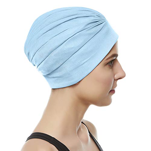 Beemo Swim Caps for Women Swimming Turban Polyester Latex Lined Pleated for Ladies - Light Blue - Image 3