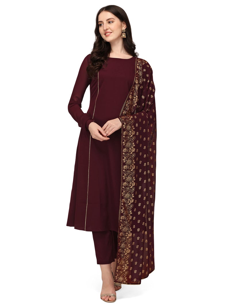 FIORRA Women's Maroon Poly Crepe Straight Kurta with Pant and Dupatta SET0058-L - Image 3