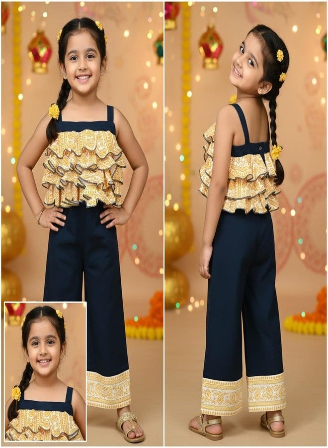 Pranava 100% Organic Cotton Ethnic Jumpsuit with Golden Printed Frill - Image 5