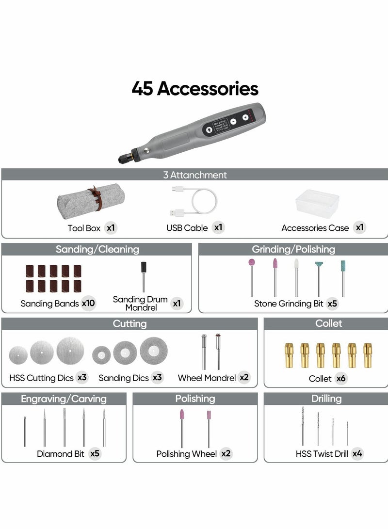 Rotary Tool Kit, Cordless 5-Speed Variable and USB Charging Cable Mini Power Tools, 3.7V with 45pcs Accessories for Cutting, Drilling, Sanding, Engraving, Polishing & DIY Crafts (Grey)  - Image 5