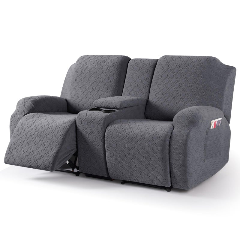 VANSOFY Recliner Loveseat Cover with Middle Console Stretch Reclining Sofa Slipcover for 2 Seat Jacquard Reclining Couch Sofa Covers Furniture Protector with Elastic Straps Bottom (Dark Gray) - Image 1
