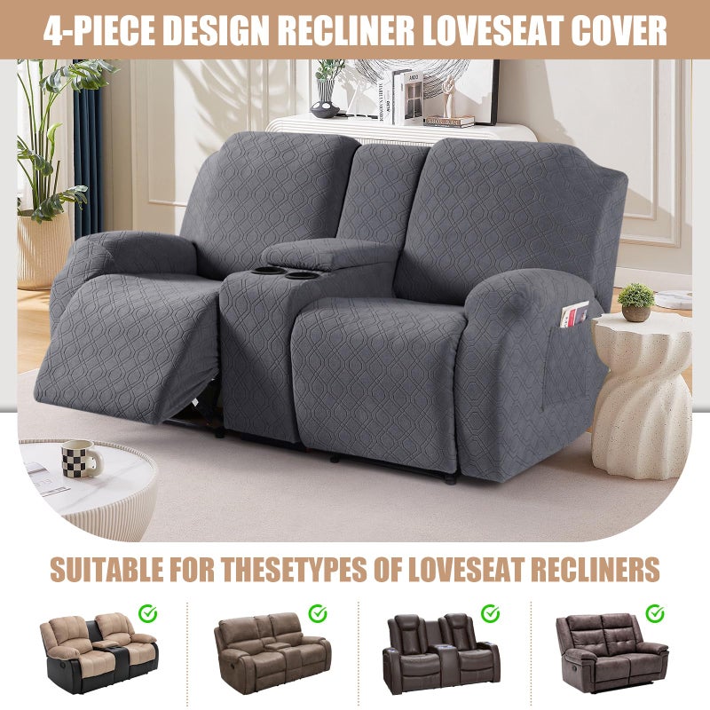 VANSOFY Recliner Loveseat Cover with Middle Console Stretch Reclining Sofa Slipcover for 2 Seat Jacquard Reclining Couch Sofa Covers Furniture Protector with Elastic Straps Bottom (Dark Gray) - Image 4