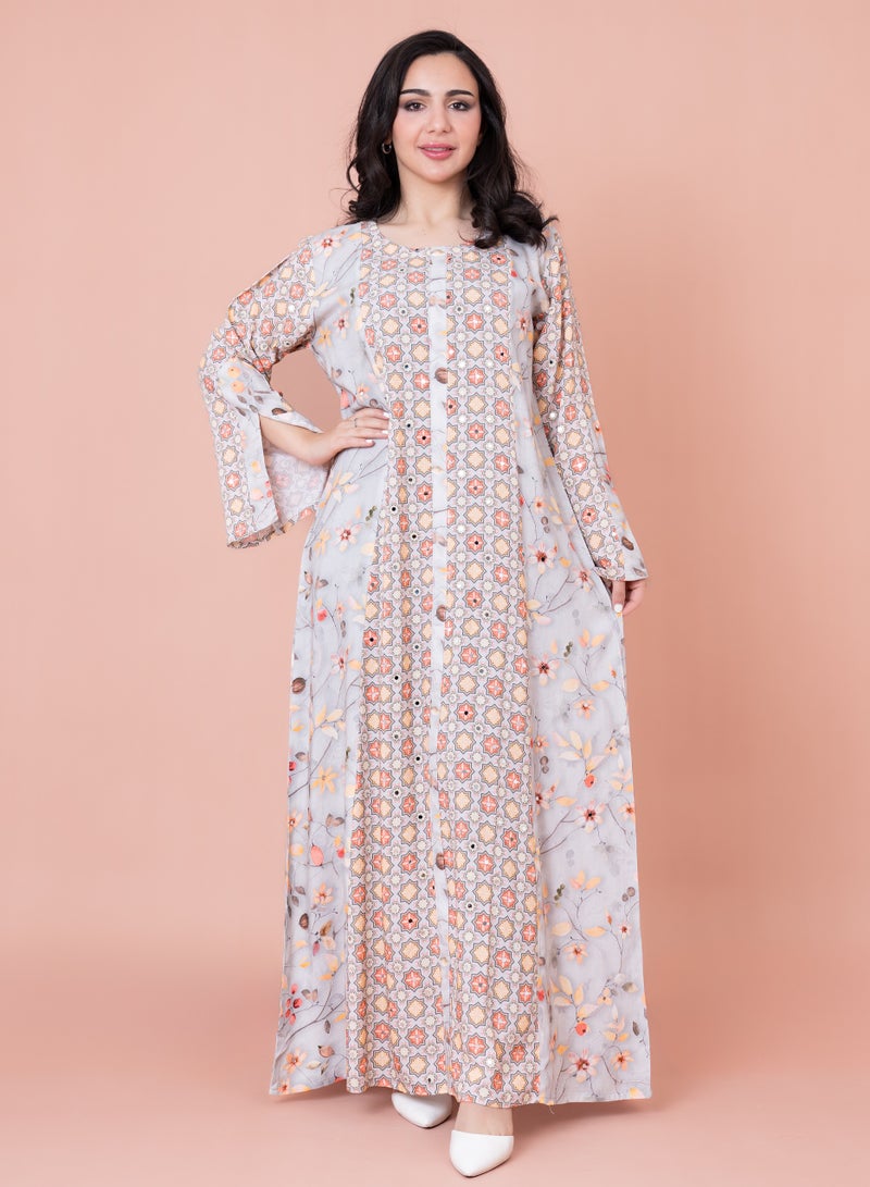 اكسا جلابية حديثة بنقوش زهور رمادية - Image 1