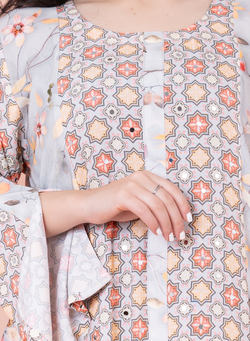 اكسا جلابية حديثة بنقوش زهور رمادية - Image 2