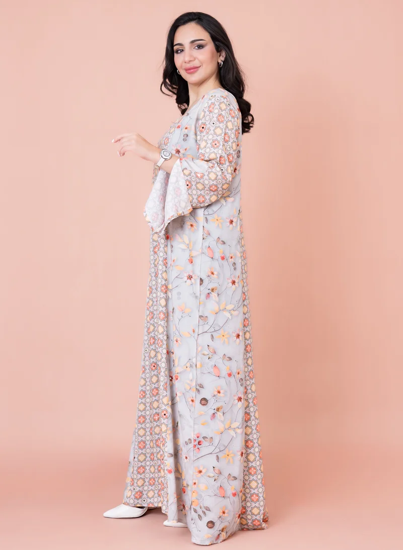IKKXA Floral Patterns Modern Jalabiya IN056 Grey