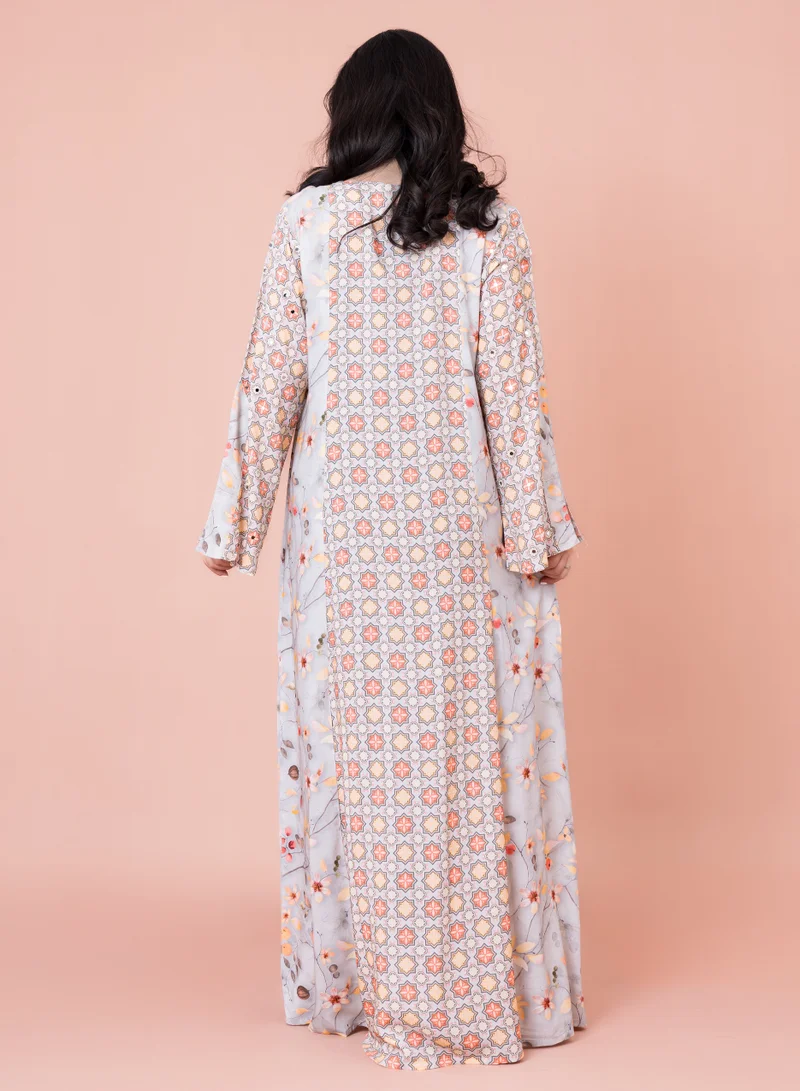 IKKXA Floral Patterns Modern Jalabiya IN056 Grey