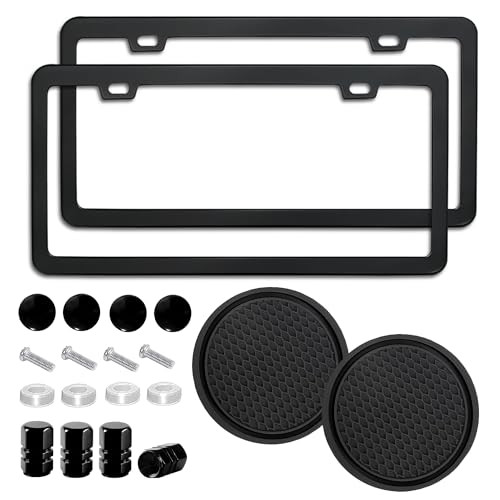 ZukMi 2 Pack License Plate Frame for Car Matte Metal Aluminum RustProof License Plate Holder Cover Gloss Black Front Rear Number Tag Frame for Men Women Universal Fit Black - Image 1