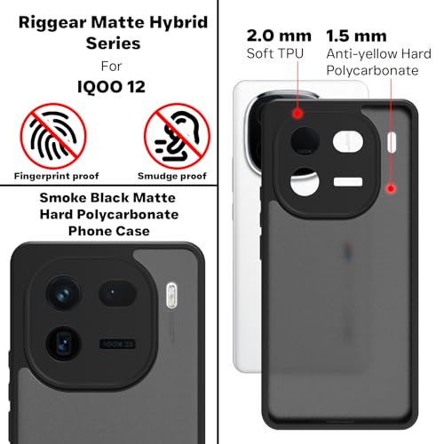 RIGGEAR Shockproof Sleek Hybrid Armor Back Cover Case Compatible with iQOO 12 5G (Smoke Black Matte PC + Black TPU Bumper) - Image 5