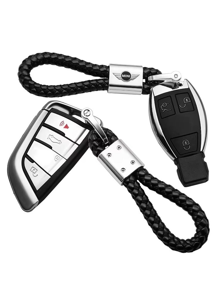 سلسلة مفاتيح سيارة سوداء لسيارة ميني كوبر - حلقة مفاتيح معدنية قابلة للفصل وجلدية منسوجة يدويًا - متوافقة مع موديلات R55 R56 R57 R58 R59 R60 R61 F54 F55 F56 F57 F60 - ملحق أنيق - Image 1
