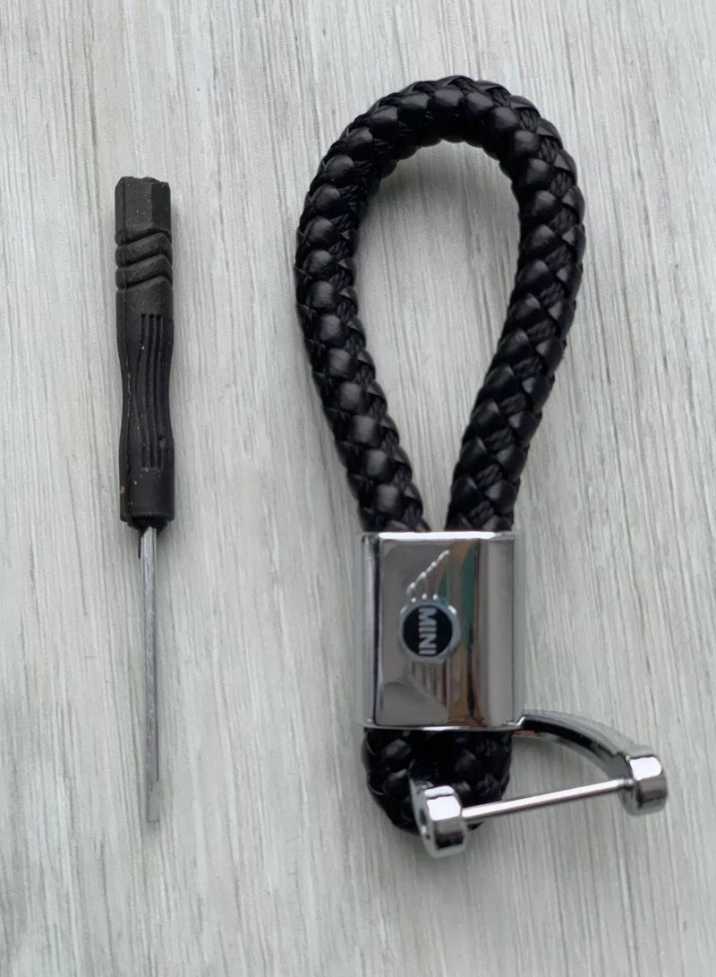 سلسلة مفاتيح سيارة سوداء لسيارة ميني كوبر - حلقة مفاتيح معدنية قابلة للفصل وجلدية منسوجة يدويًا - متوافقة مع موديلات R55 R56 R57 R58 R59 R60 R61 F54 F55 F56 F57 F60 - ملحق أنيق - Image 2