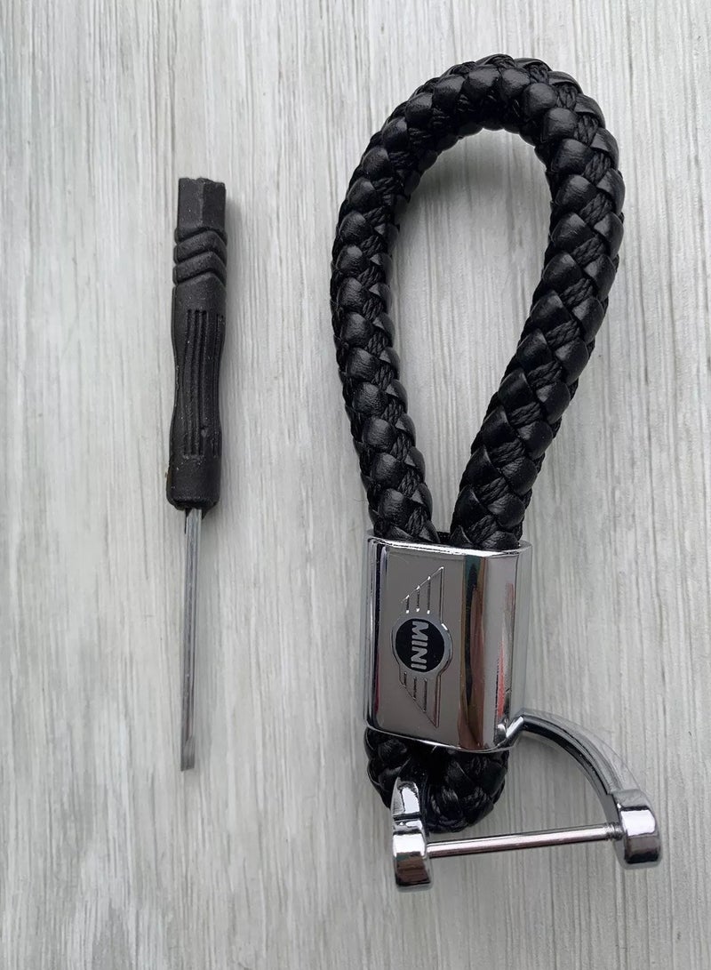 سلسلة مفاتيح سيارة سوداء لسيارة ميني كوبر - حلقة مفاتيح معدنية قابلة للفصل وجلدية منسوجة يدويًا - متوافقة مع موديلات R55 R56 R57 R58 R59 R60 R61 F54 F55 F56 F57 F60 - ملحق أنيق - Image 3