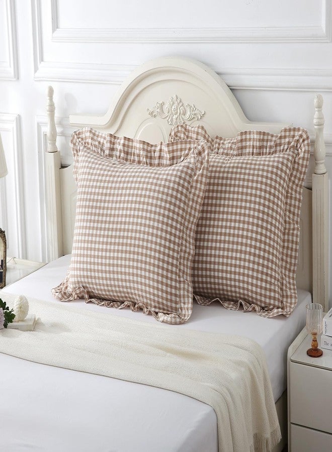 Hycurey Taupe Ruffled Plaid Pillow Shams 20x26 inches,Standard Size Set of 2,Vintage Checkered Washed Cotton Bed Pillow for Bed, Sofa - Image 2