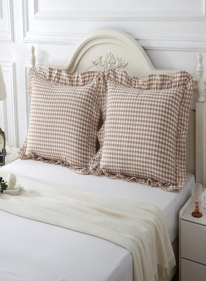 Hycurey Taupe Ruffled Plaid Pillow Shams 20x26 inches,Standard Size Set of 2,Vintage Checkered Washed Cotton Bed Pillow for Bed, Sofa - Image 4