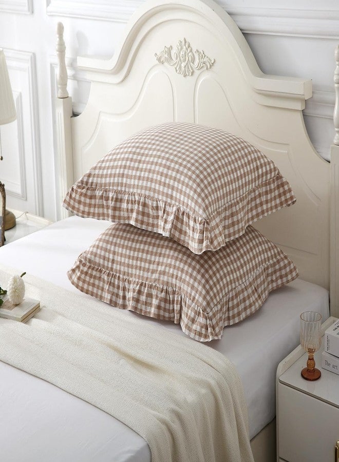 Hycurey Taupe Ruffled Plaid Pillow Shams 20x26 inches,Standard Size Set of 2,Vintage Checkered Washed Cotton Bed Pillow for Bed, Sofa - Image 3