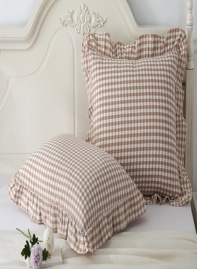 Hycurey Taupe Ruffled Plaid Pillow Shams 20x26 inches,Standard Size Set of 2,Vintage Checkered Washed Cotton Bed Pillow for Bed, Sofa - Image 1