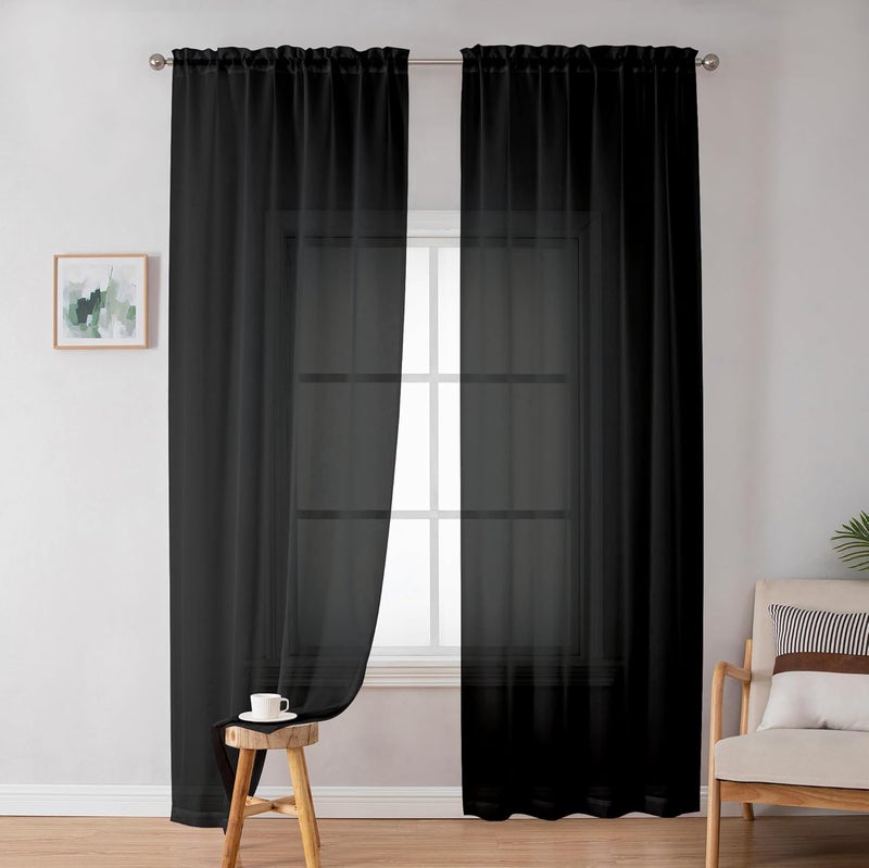 SimpleBrand Black Sheer Curtains 72 Inches Long 2 Panels for Living Room, Rod Pockets Airy Window Treatments Voile Sheer Black Curtains Panels Lightweight for Front Back Patio Glass Door, 42" Width - Image 1