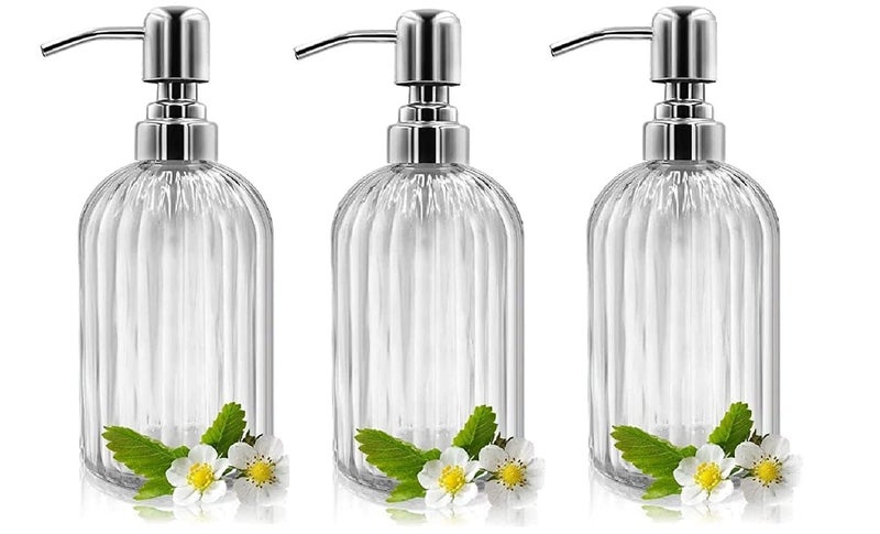 Luximal 3-Pack Glass Soap Dispenser Set (400ml Each) | Refillable Handwash & Sanitizer Bottle with ABS Pump for Bathroom, Kitchen, Sink & Wash Basin - Image 1