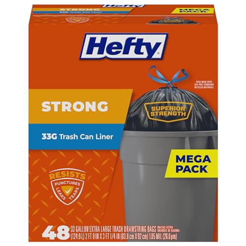 Hefty Strong Extra Large Trash Bags, Black, 33 Gallon, 48 Count - Image 1