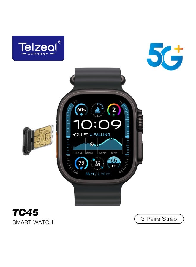 Telzeal ساعة ذكية تلزيل TC45 5G+ بشاشة HD مقاس 2.2 بوصة مع كاميرا 8 ميجابكسل ودعم بطاقة SIM و3 أزواج من الأشرطة مصممة للسيدات والرجال باللون الأسود - Image 1