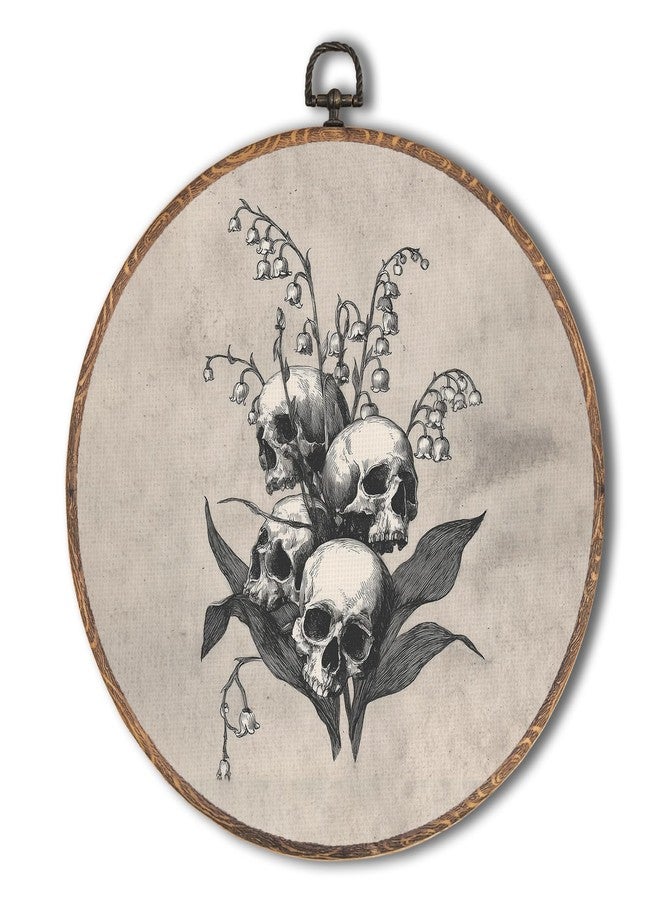 Tzhim Gothic Skeleton Lily of the Valley Round Wall Art, Dark Academia Moody Skull Round Wall Decor Framed, Cottagecore Floral Canvas Walls Sculptures for Home Bedroom Living Room Decor, 10x10 Inch - Image 1