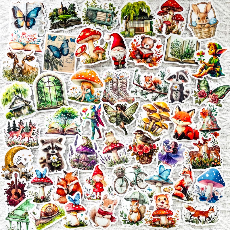 PIGBIT 50-Piece Fantasy Woodland Sticker Set â€“ Dreamy Forest Animals, Mushrooms, Fairies, Nature Decals for Scrapbooking, Journaling, Laptops, Water Bottles - Image 1