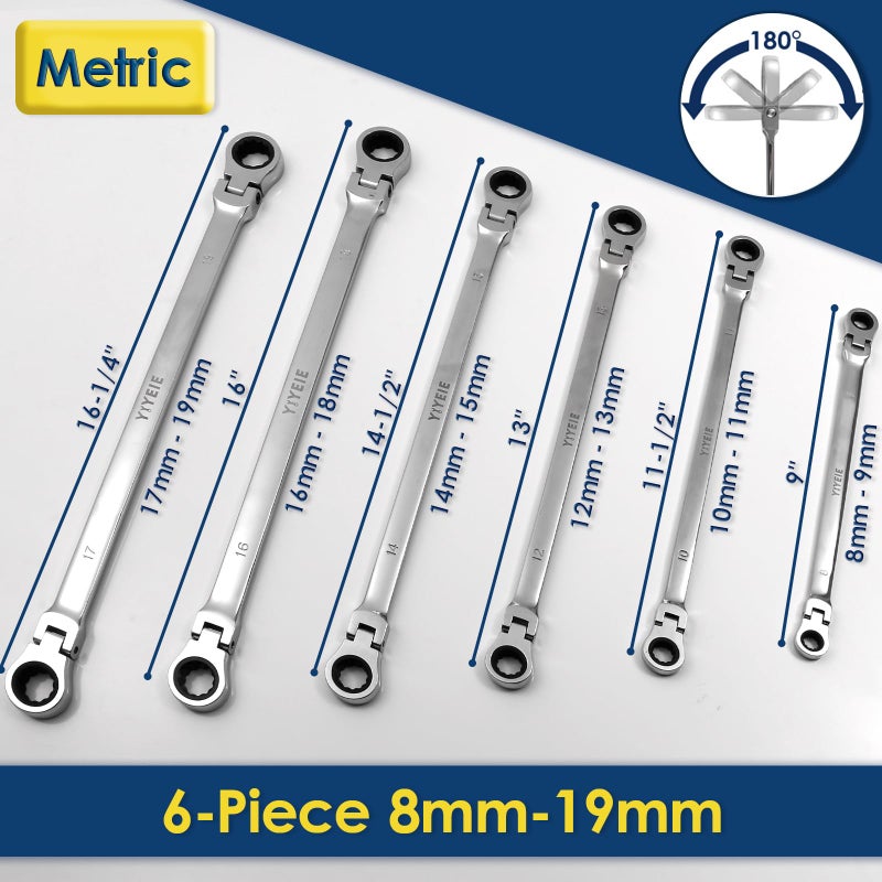 YIYEIE 6 Pcs Extra Long Flex Head Ratcheting Wrench Set, Metric Long Wrench 8mm - 19mm, 72-Tooth Double Box End Wrenches, Chrome Vanadium Steel with Mirror Polish Finish, Rolling Pouch - Image 3