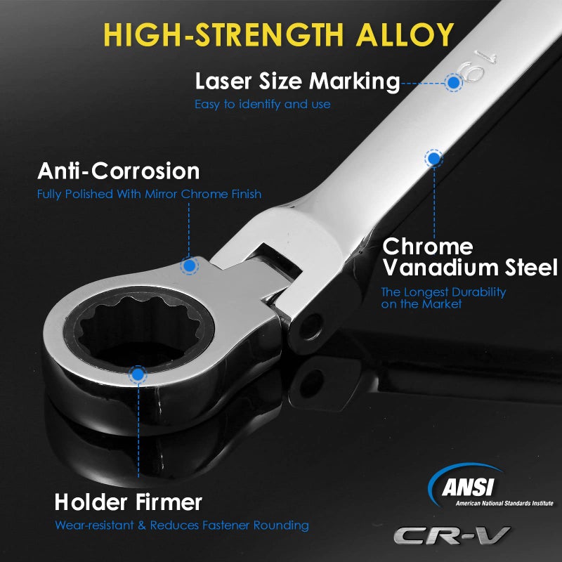 YIYEIE 6 Pcs Extra Long Flex Head Ratcheting Wrench Set, Metric Long Wrench 8mm - 19mm, 72-Tooth Double Box End Wrenches, Chrome Vanadium Steel with Mirror Polish Finish, Rolling Pouch - Image 4