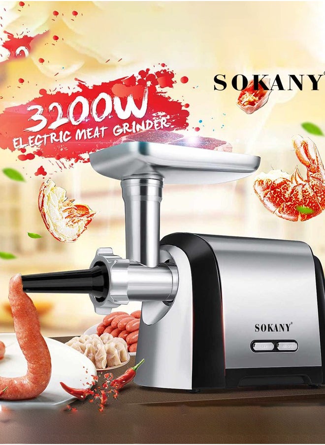 sokany Meat Grinder, Sausage Stuffer, 3200W Electric Meat Mincer with Stainless Steel Blades & 3 Grinding Plates & Sausage Stuffer Tube For Home Kitchen Use,SK-088,Silver  - Image 2