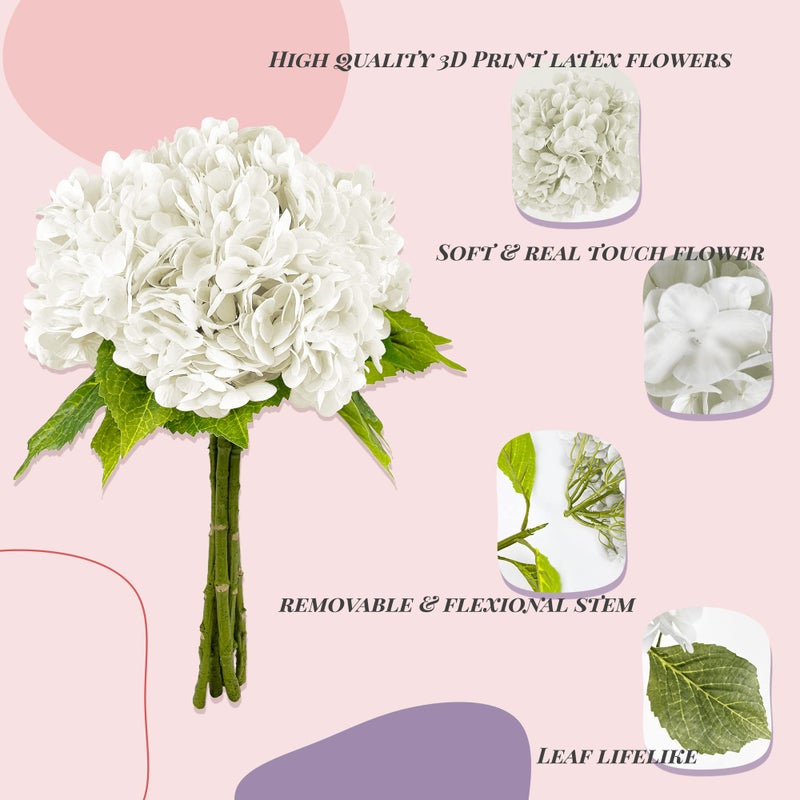 Yatim 21In White Artificial Hydrangea Flowers 5 Pcs Real Touch 3D Print Latex Flowers for Wedding Centerpieces Bouquets DIY Floral Decor Home Decoration with Stems - Image 3