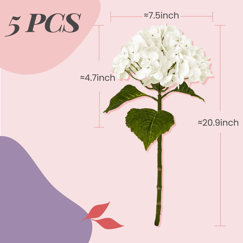 Yatim 21In White Artificial Hydrangea Flowers 5 Pcs Real Touch 3D Print Latex Flowers for Wedding Centerpieces Bouquets DIY Floral Decor Home Decoration with Stems - Image 2