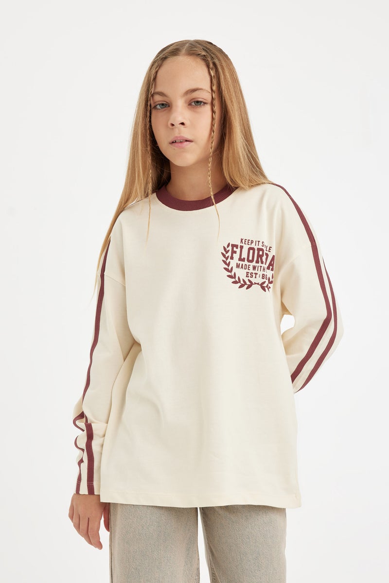 DeFacto Beige Girl Oversize Fit Crew Neck Printed Long Sleeve T-Shirt Casual - Image 4