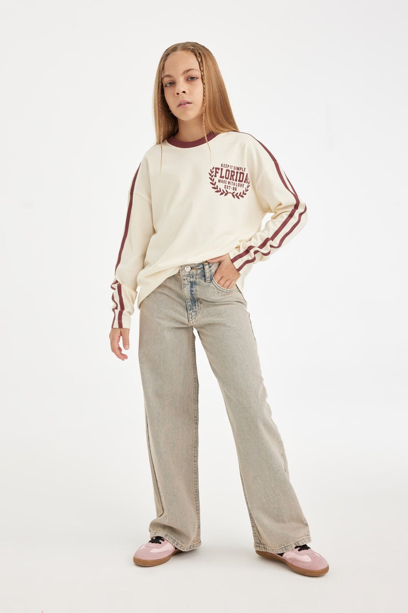 DeFacto Beige Girl Oversize Fit Crew Neck Printed Long Sleeve T-Shirt Casual - Image 2
