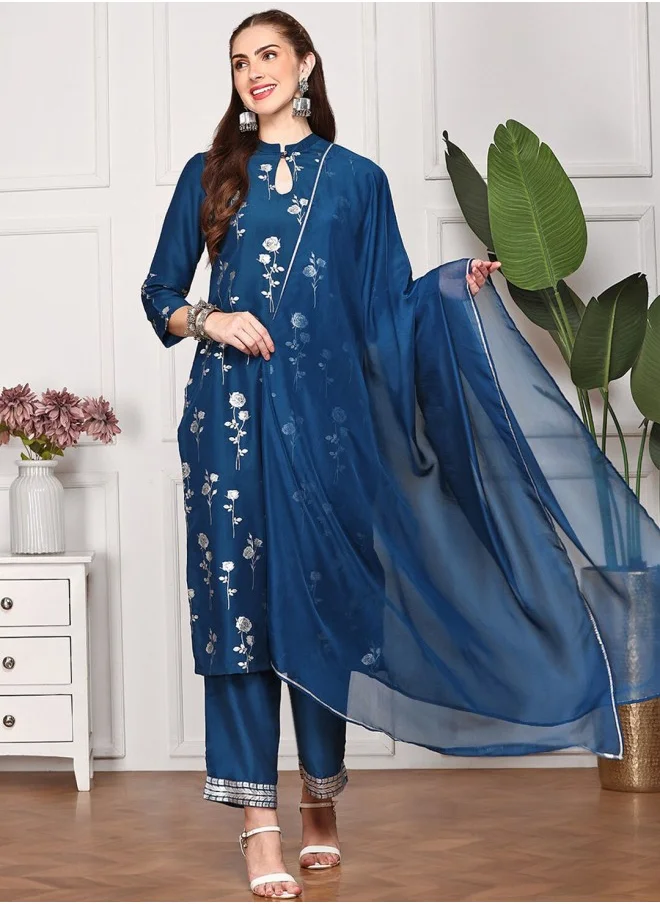 ISHIN Floral Printed Keyhole Neck Straight Kurta With Palazzos & Dupatta