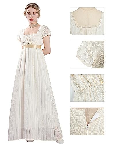 FCCAM FCCAM FCCAM Regency Dresses for Women Empire Waist Dress Gown with Satin Sash Regency Era Dress Yellow XXL - Image 4