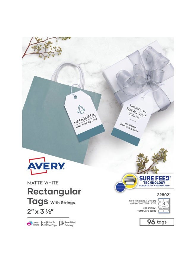 Avery Blank Printable Tags with Sure Feed, 2" x 3.5", White, 96 Customizable Tags with String, Great for Branding, Gift Tags, Price Tags, and More (22802) - Image 1