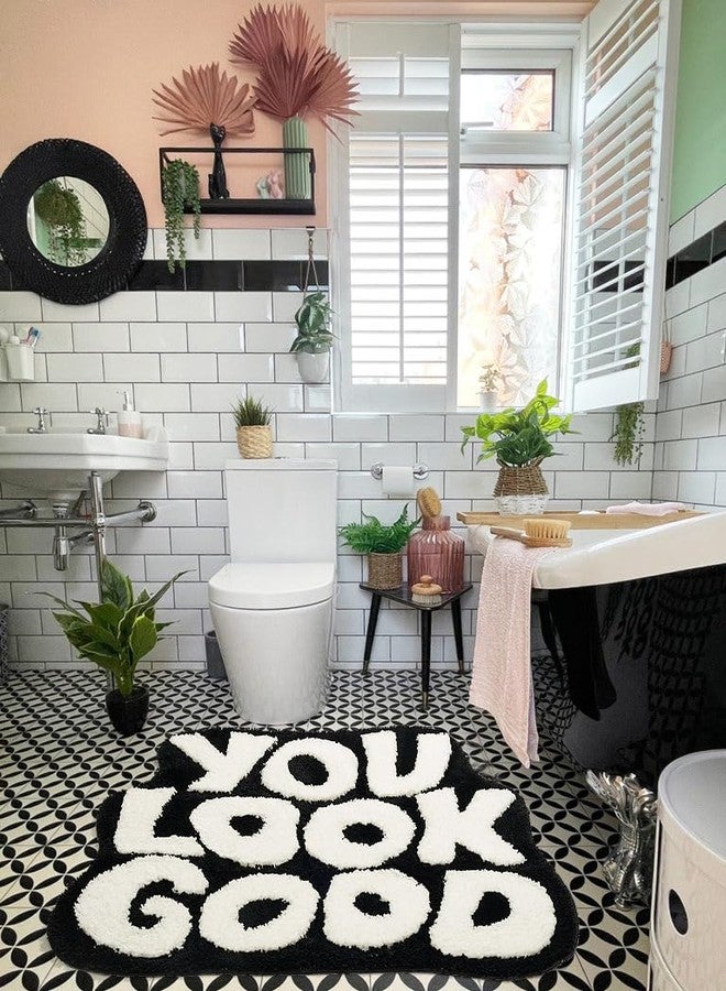 DyeFury 𝗟𝗮𝗿𝗴𝗲 𝟮𝟰" 𝘅𝟯𝟭" You Look Good Bath Mat Cute Cool Bathroom Rugs Funny Bathroom Mats Fun Funky Decor Non Slip Bath Rug, Trendy Black and White Bath Shower Mat - Image 2