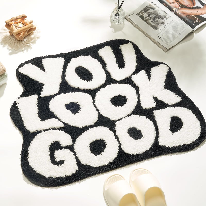 DyeFury 𝗟𝗮𝗿𝗴𝗲 𝟮𝟰" 𝘅𝟯𝟭" You Look Good Bath Mat Cute Cool Bathroom Rugs Funny Bathroom Mats Fun Funky Decor Non Slip Bath Rug, Trendy Black and White Bath Shower Mat - Image 1
