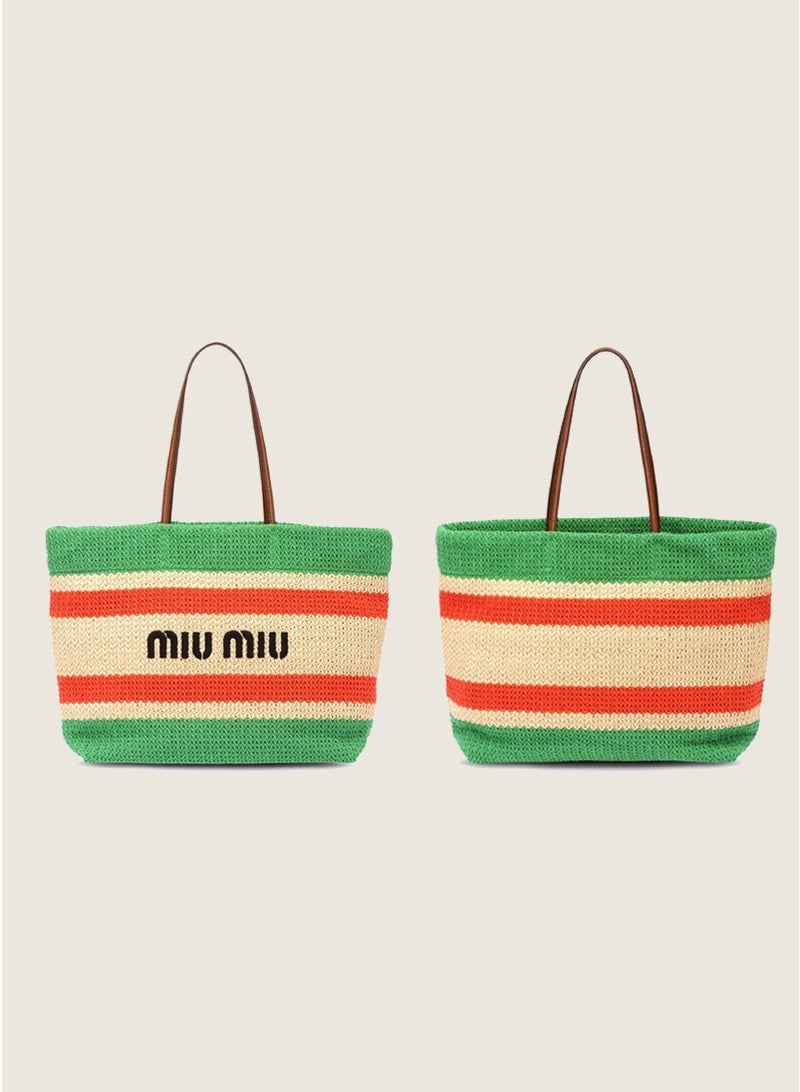 Miu Miu MIU woven tote bag, versatile shoulder bag, straw bag, colorful basket bag, large travel shopping bag, woven tote bag - Image 4