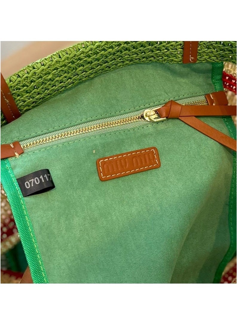 Miu Miu MIU woven tote bag, versatile shoulder bag, straw bag, colorful basket bag, large travel shopping bag, woven tote bag - Image 5