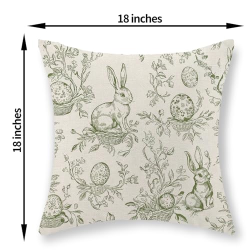 GOLIANDA Spring Sage Green Pillow Covers 18x18 Set of 2 Botanical Floral Easter Eggs Bunny Throw Pillows Green Toile Flower Rabbit Decorative Pillow Cases Outdoor Decor Linen Cushion Case for Couch Home - Image 3