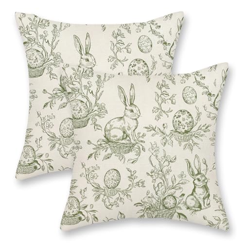GOLIANDA Spring Sage Green Pillow Covers 18x18 Set of 2 Botanical Floral Easter Eggs Bunny Throw Pillows Green Toile Flower Rabbit Decorative Pillow Cases Outdoor Decor Linen Cushion Case for Couch Home - Image 1